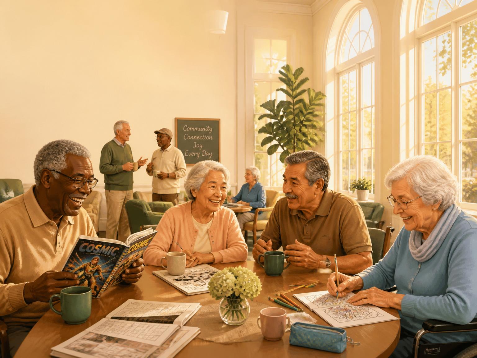 Diverse seniors laughing and enjoying comics, puzzles, and coloring together in a warm, sunlit community room